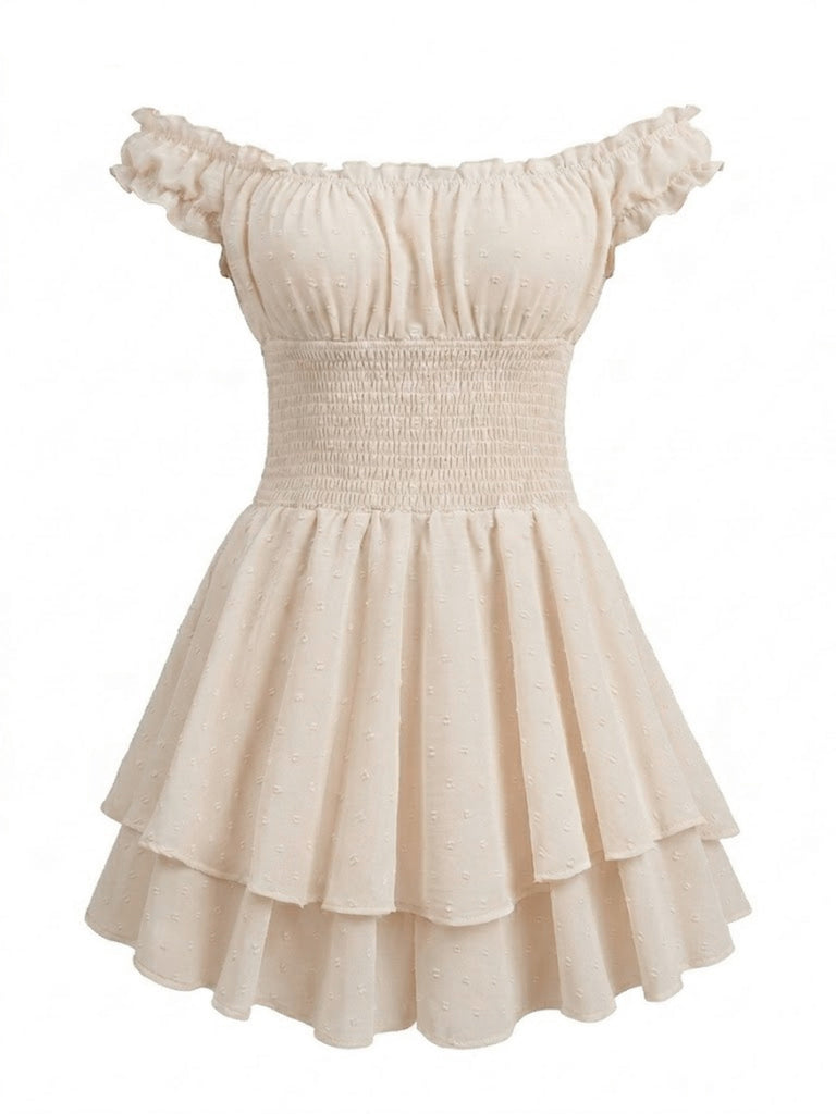 Beige 1950s Off-Shoulder Smocked Tiered Ruffle Romper: beautiful vintage romper, retro jumpsuit, playful style with timeless appeal