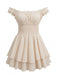 Beige 1950s Off-Shoulder Smocked Tiered Ruffle Romper: beautiful vintage romper, retro jumpsuit, playful style with timeless appeal