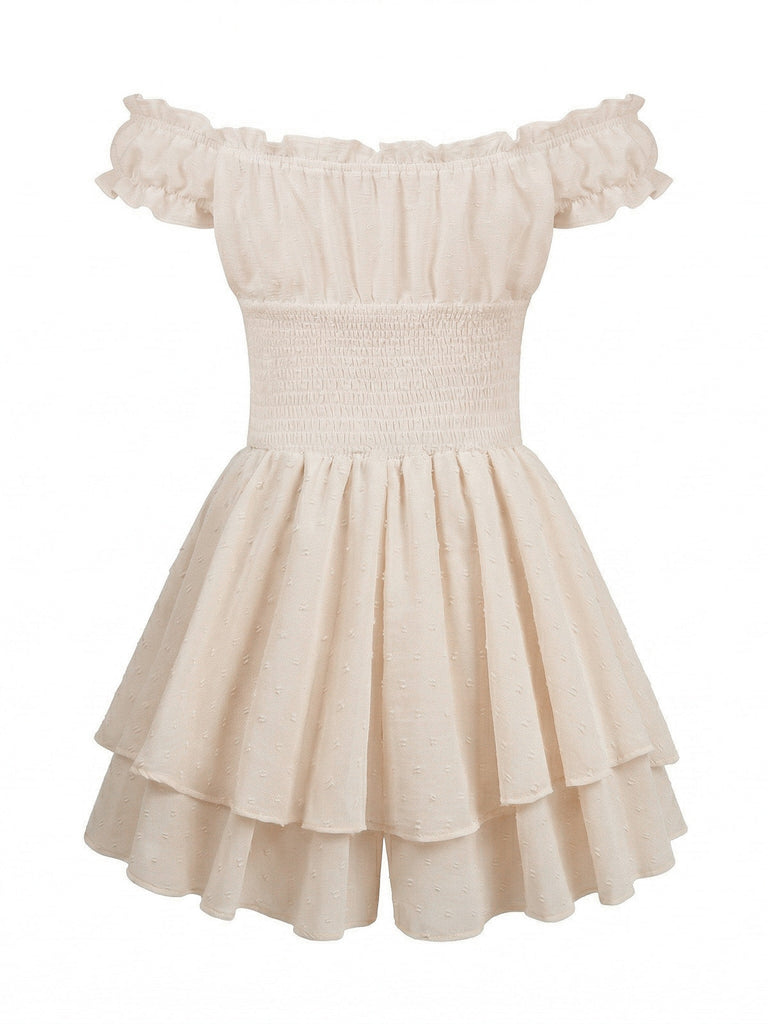 Beige 1950s Off-Shoulder Smocked Tiered Ruffle Romper | vintage romper, retro jumpsuit, playful style - perfect for retro fashion enthusiasts