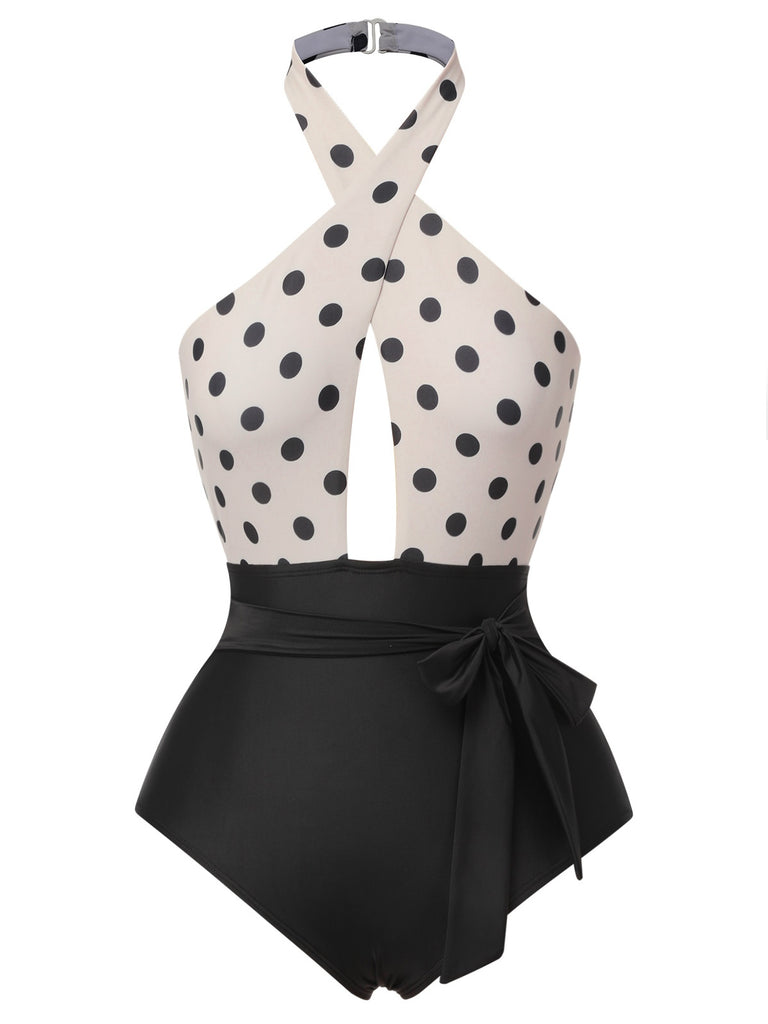 Beige 1950s Polka Dot Halter One-Piece Swimsuit, vintage swimsuit, pin-up swimwear - perfect for women who love vintage and retro fashion