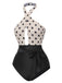 Beige 1950s Polka Dot Halter One-Piece Swimsuit, vintage swimsuit, pin-up swimwear - perfect for women who love vintage and retro fashion