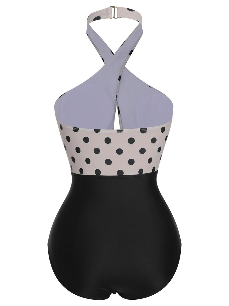 Beige 1950s Polka Dot Halter One-Piece Swimsuit, vintage swimsuit, pin-up swimwear - perfect for women who love vintage and retro fashion