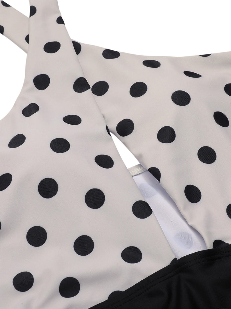 Beige 1950s Polka Dot Halter One-Piece Swimsuit, vintage swimsuit, pin-up swimwear - perfect for women who love vintage and retro fashion