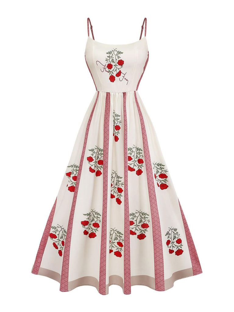 Beige 1950s Rose Spaghetti Strap Swing Dress, vintage dress, retro fashion, rockabilly, pin-up fashion - perfect for women who love vintage and retro fashion