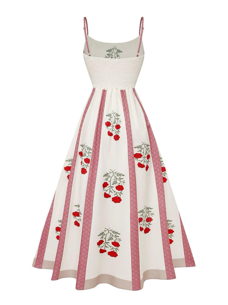 Beige 1950s Rose Spaghetti Strap Swing Dress, vintage dress, retro fashion, rockabilly, pin-up fashion - perfect for women who love vintage and retro fashion
