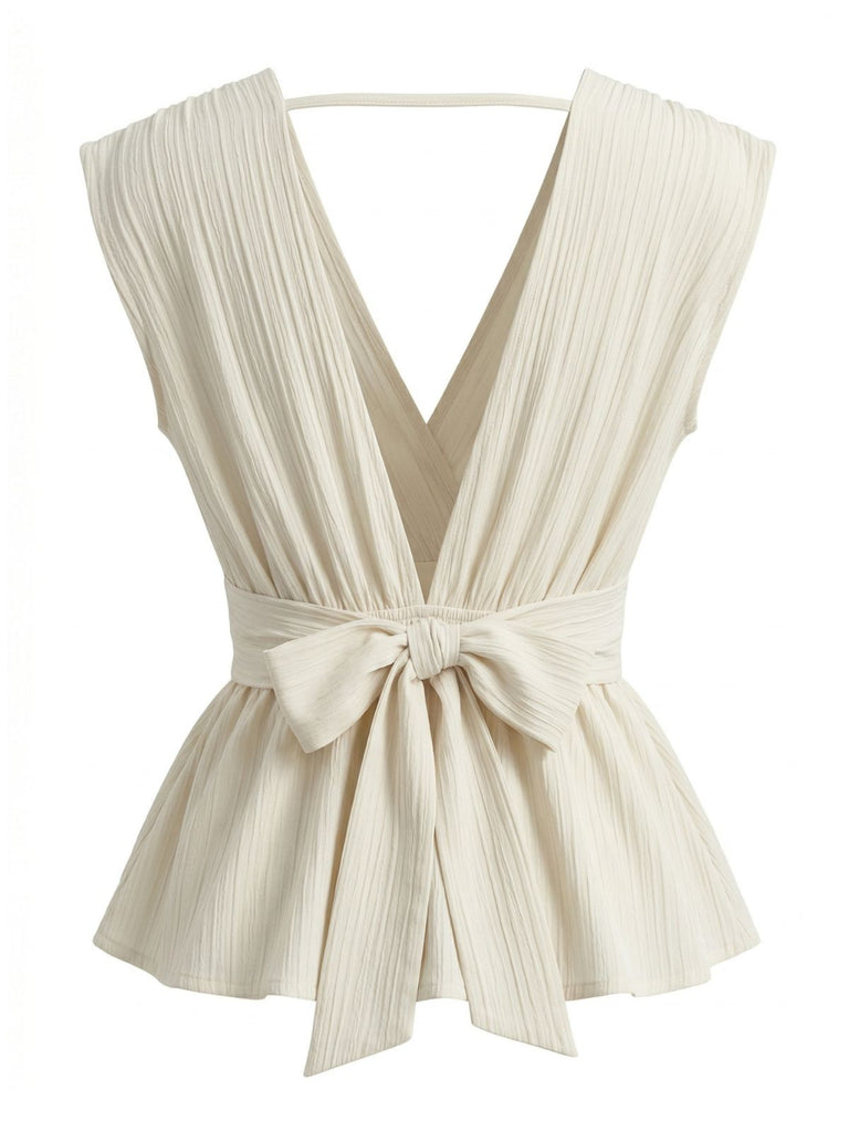 Beige 1950s V-Neck Fitted Tops 2