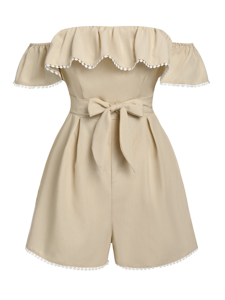 Beige 1950s Solid Cap Sleeve Belt Romper, vintage romper, retro jumpsuit - perfect for women who love vintage and retro fashion