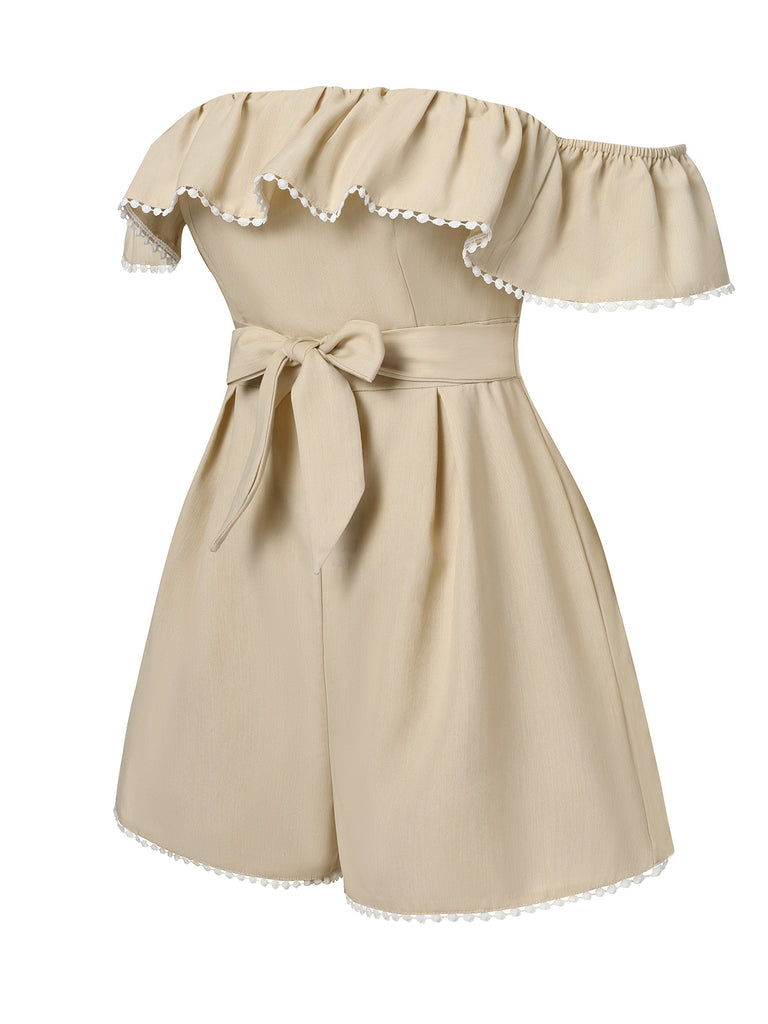 Beige 1950s Solid Cap Sleeve Belt Romper, vintage romper, retro jumpsuit - perfect for women who love vintage and retro fashion