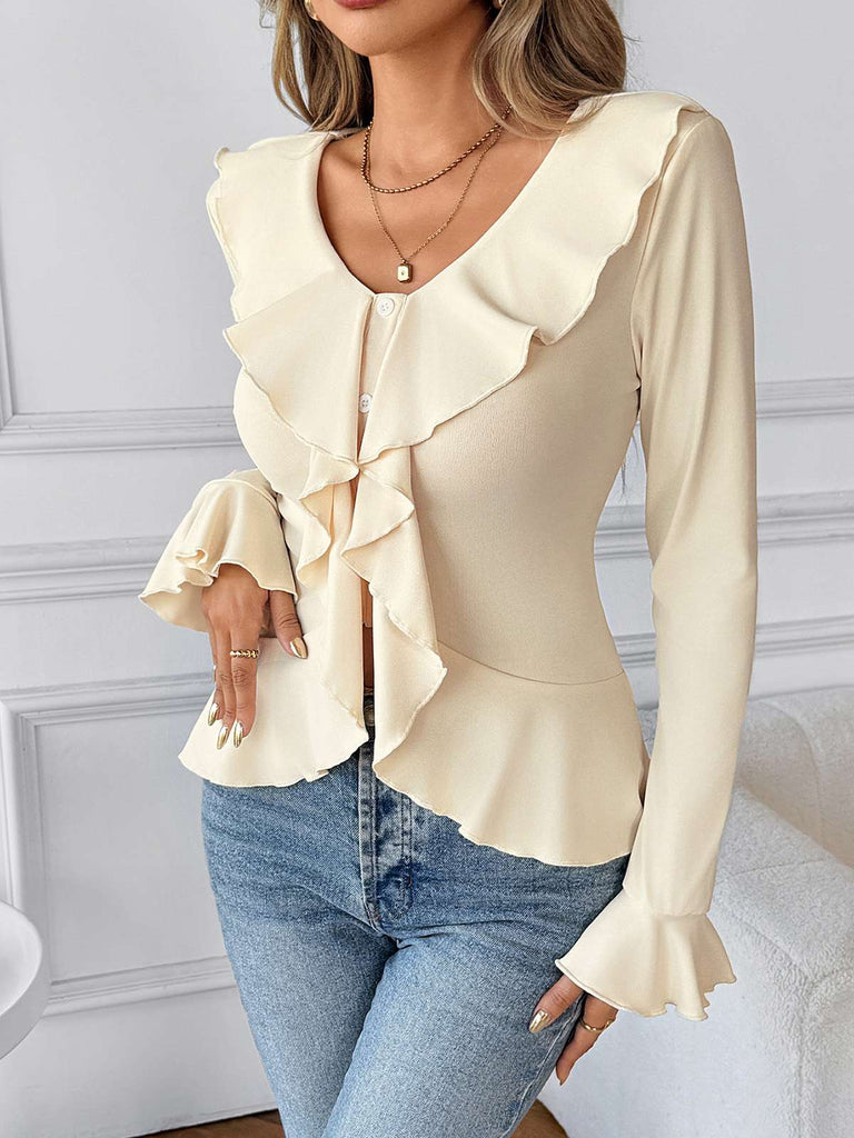 Beige 1950s Solid Ruffled Lapel Collar Top - vintage fashion, retro style