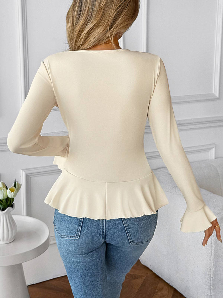Beige 1950s Solid Ruffled Lapel Collar Top - vintage fashion, retro style