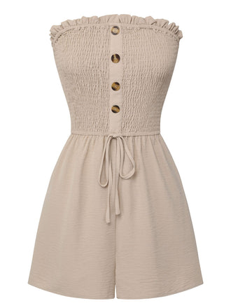 Beige 1950s Solid Smocking Strapless Romper, vintage romper, retro jumpsuit - perfect for women who love vintage and retro fashion