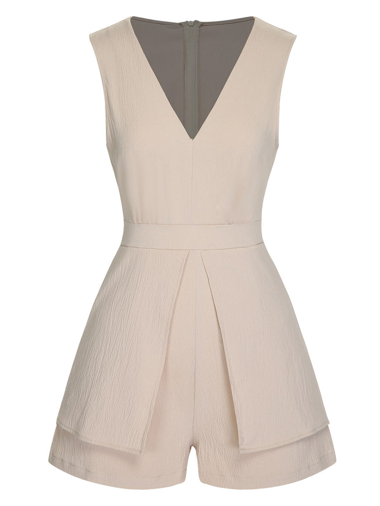 She finds her 1950s story in this Beige 1950s Solid V-Neck Sleeveless Romper