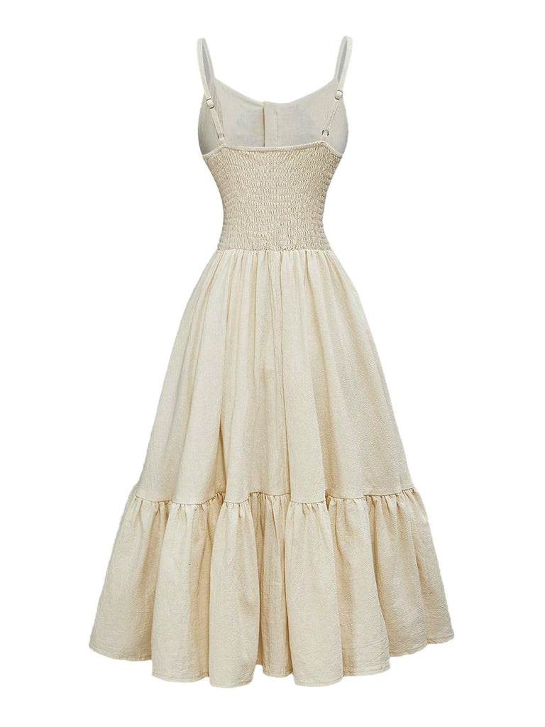 Beige-1950s-Spaghetti-Strap-Embroidered-Dress, vintage, retro, dress