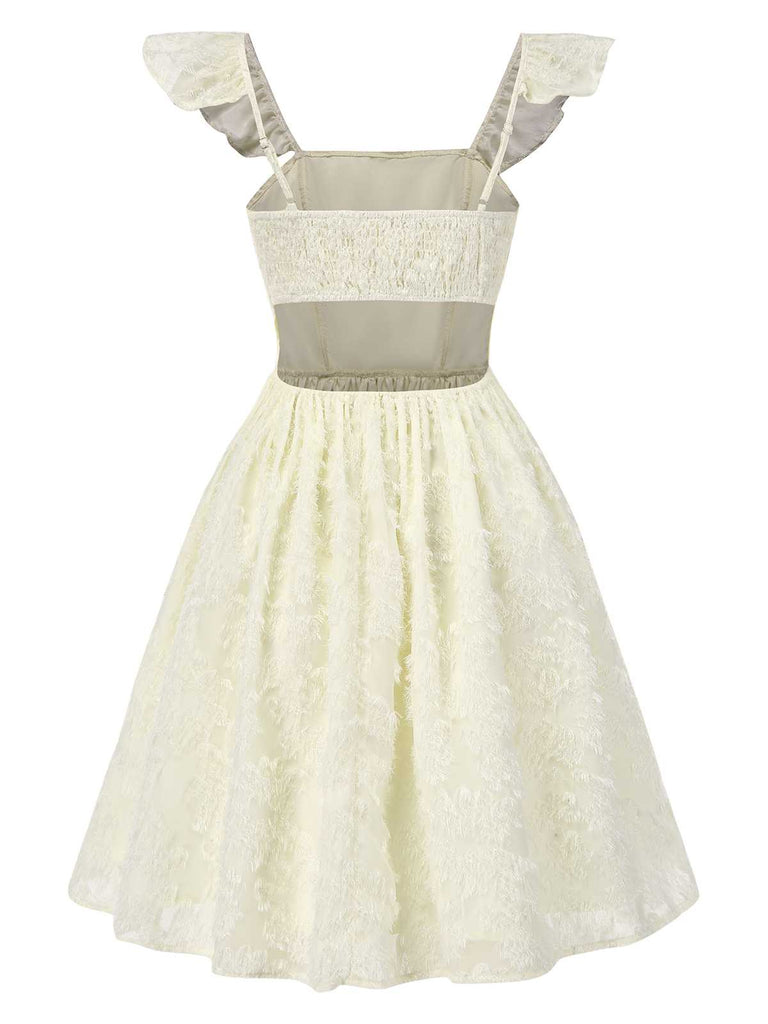 Beige 1950s Strap Square Neck Backless Dress: where 1950s romance meets her modern spirit