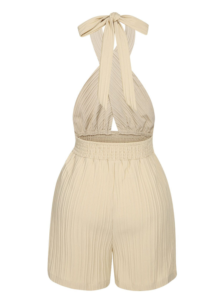 Beige 1950s Texture Folds Cross Halter Romper: timeless 1950s elegance she makes her own