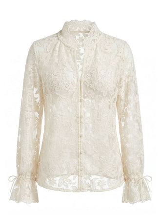 Beige 1960s Lace Cutout Shirt Blouse - vintage blouse, retro top, classic style for vintage lovers