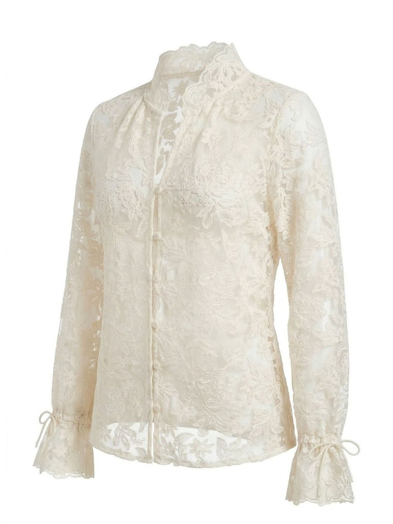 Beige 1960s Lace Cutout Shirt Blouse: beautiful vintage blouse, retro top, classic style with timeless appeal