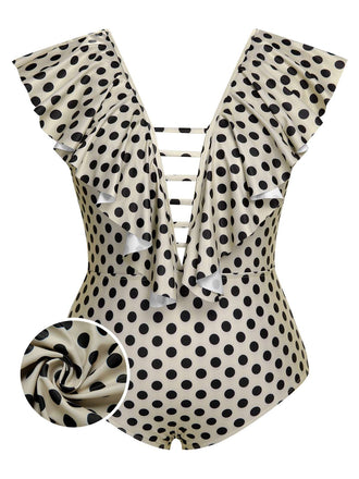 She's wearing Beige 1960s Polka Dot Ruffles One-Piece Swimsuit and the whole beach remembers the 1960s