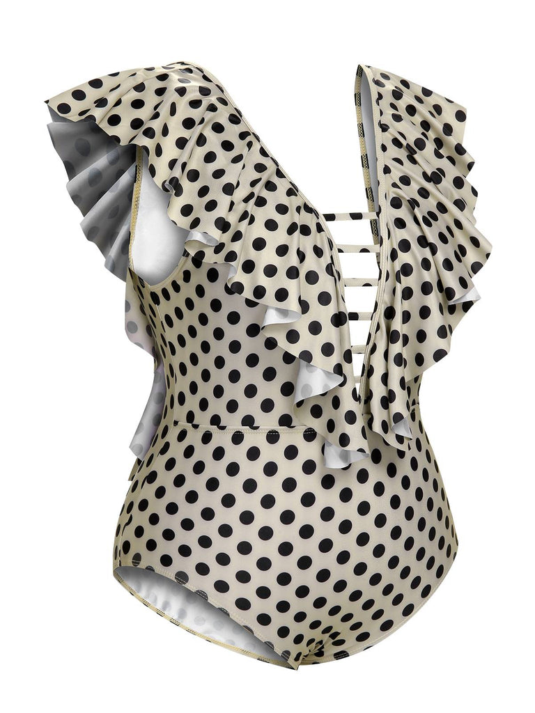 This Beige 1960s Polka Dot Ruffles One-Piece Swimsuit carries 1960s vacation dreams in every stitch