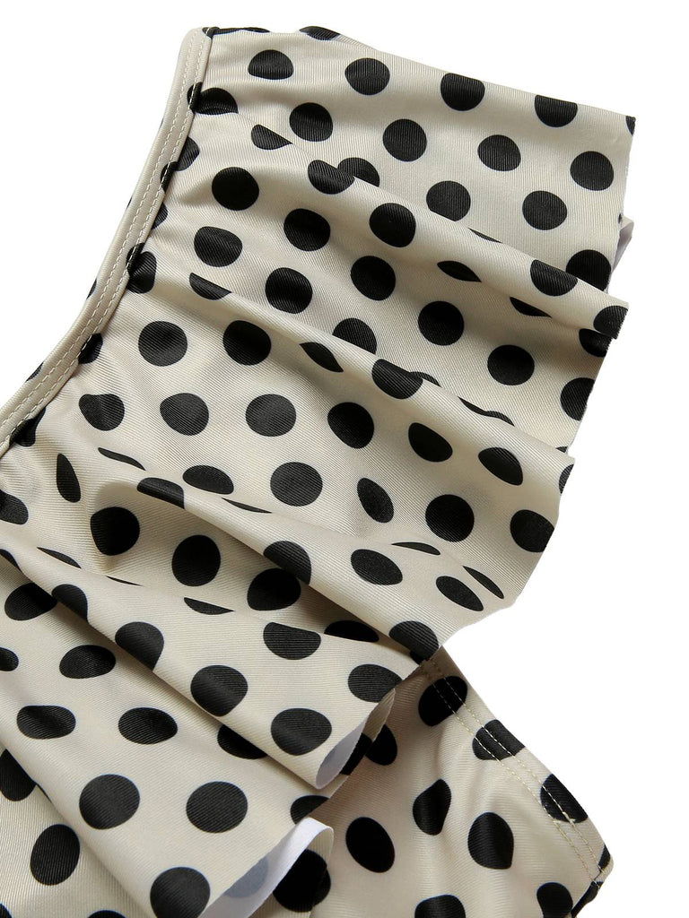 Beige 1960s Polka Dot Ruffles One-Piece Swimsuit — 1960s poolside glamour meets sun-drenched confidence