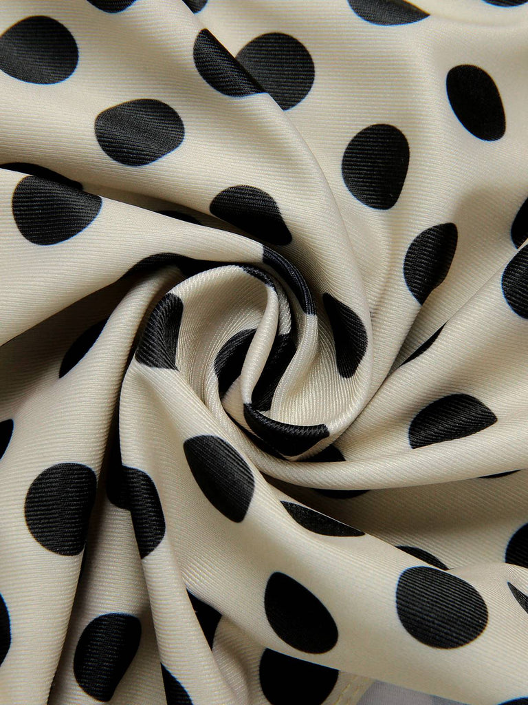 She's wearing Beige 1960s Polka Dot Ruffles One-Piece Swimsuit and the whole beach remembers the 1960s