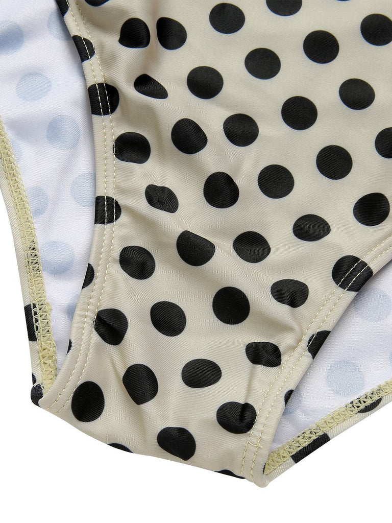 Beige 1960s Polka Dot Ruffles One-Piece Swimsuit: 1960s Riviera elegance, reimagined for her