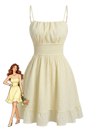 Beige 1960s Solid Ruched Textured Spaghetti Strap Mini Dress - vintage dress, retro fashion for vintage lovers