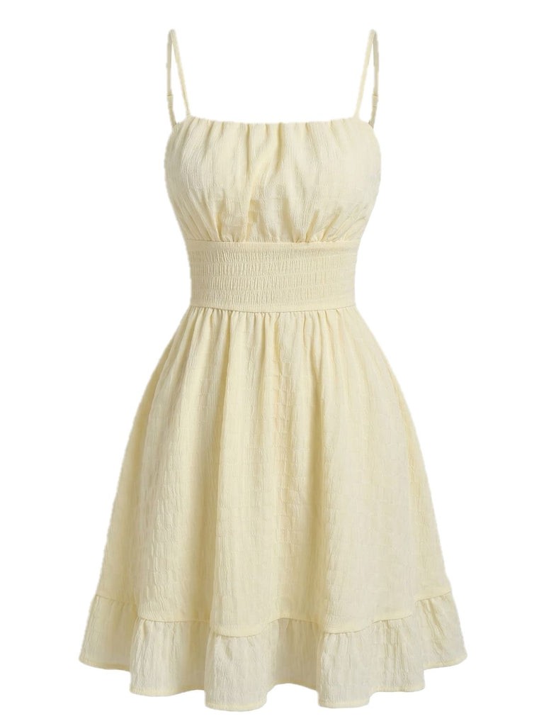 Beige 1960s Solid Ruched Textured Spaghetti Strap Mini Dress - vintage dress, retro fashion for vintage lovers