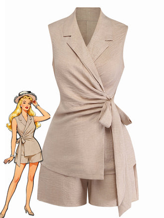 Beige 1960s Solid Suit Vest & Shorts Set - vintage outerwear, retro jacket, classic elegance for vintage lovers