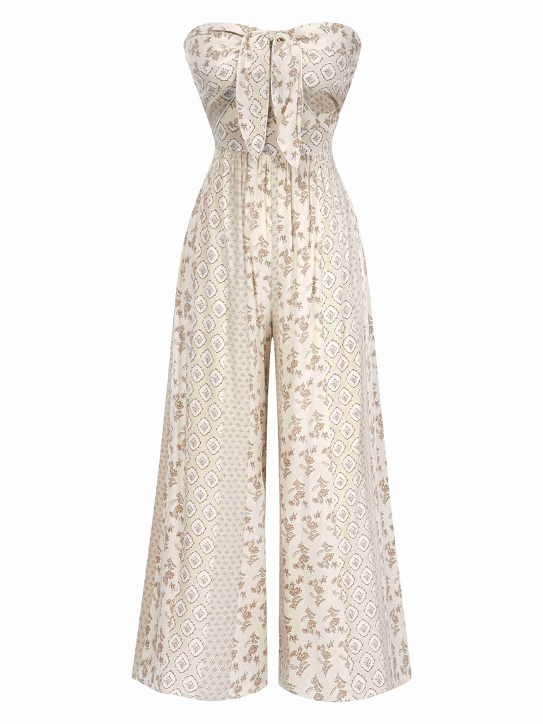 Beige 1970s Bandeau Bow Floral Bohemian Jumpsuit, vintage romper, retro jumpsuit - perfect for women who love vintage and retro fashion