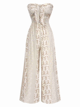 Beige 1970s Bandeau Bow Floral Bohemian Jumpsuit, vintage romper, retro jumpsuit - perfect for women who love vintage and retro fashion