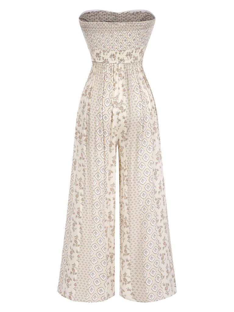 Beige 1970s Bandeau Bow Floral Bohemian Jumpsuit, vintage romper, retro jumpsuit - perfect for women who love vintage and retro fashion
