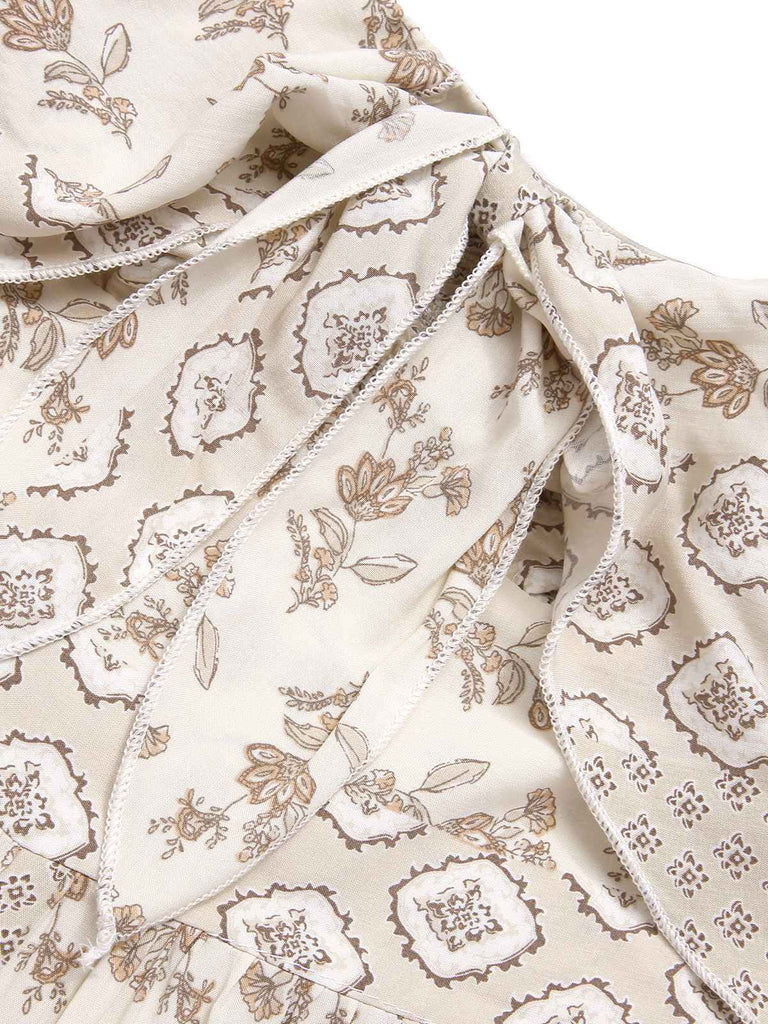 Beige 1970s Bandeau Bow Floral Bohemian Jumpsuit, vintage romper, retro jumpsuit - perfect for women who love vintage and retro fashion