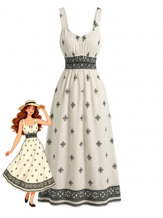 Beige 1970s Bohemian Wide-Strap Ruched Dress - vintage dress, retro fashion for vintage lovers
