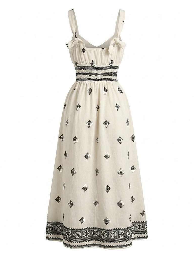 Beige 1970s Bohemian Wide-Strap Ruched Dress - vintage dress, retro fashion for vintage lovers