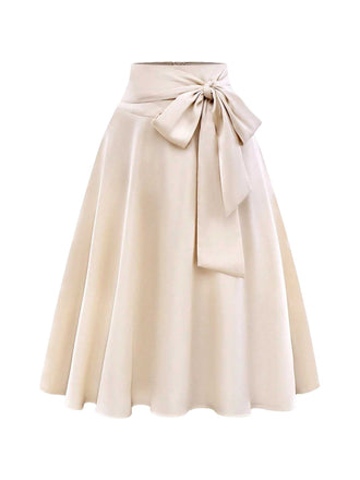 Beige 1970s Bow Tie Satin Skirt - vintage skirt, retro style