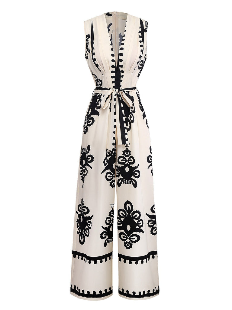 Beige 1970s Deep V-Neck Ethnic Print Jumpsuit - vintage jumpsuit, retro fashion
