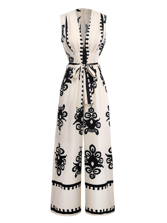 Beige 1970s Deep V-Neck Ethnic Print Jumpsuit - vintage jumpsuit, retro fashion