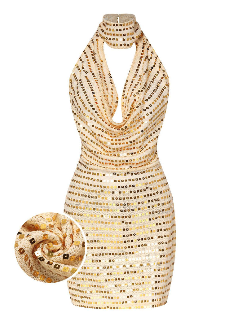Beige 1970s Deep V-Neck Sequined Dress, vintage dress, retro fashion - perfect for women who love vintage and retro fashion