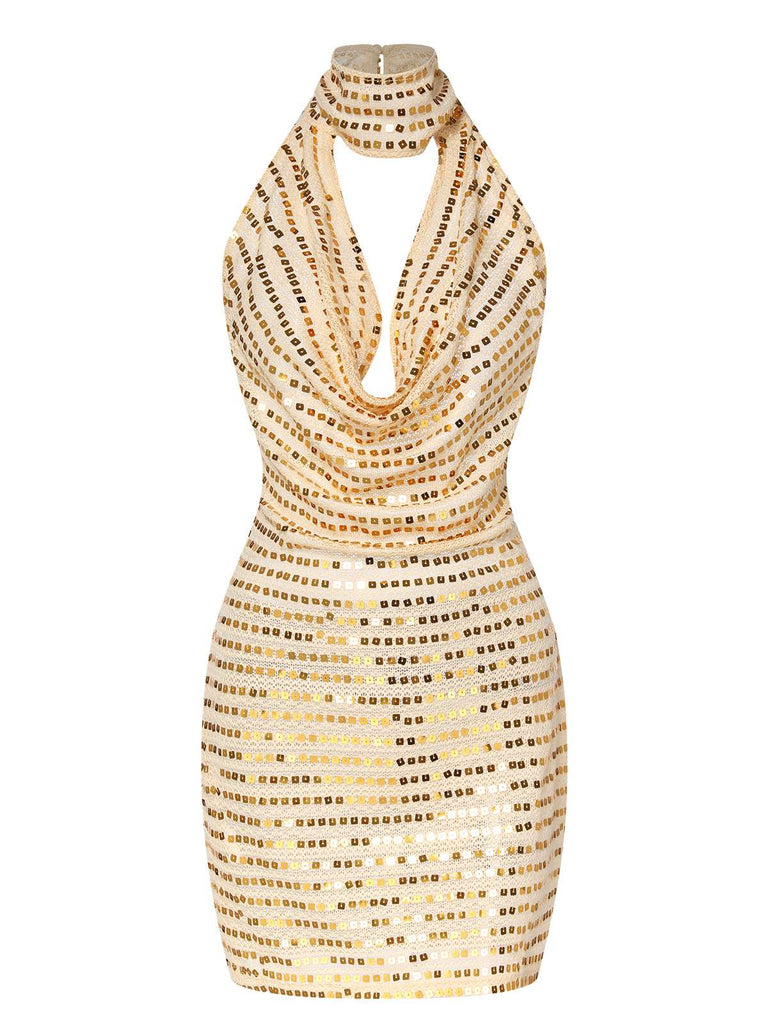 Beige 1970s Deep V-Neck Sequined Dress, vintage dress, retro fashion - perfect for women who love vintage and retro fashion