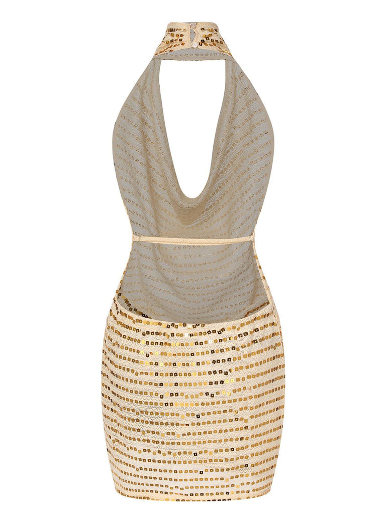 Beige 1970s Deep V-Neck Sequined Dress, vintage dress, retro fashion - perfect for women who love vintage and retro fashion