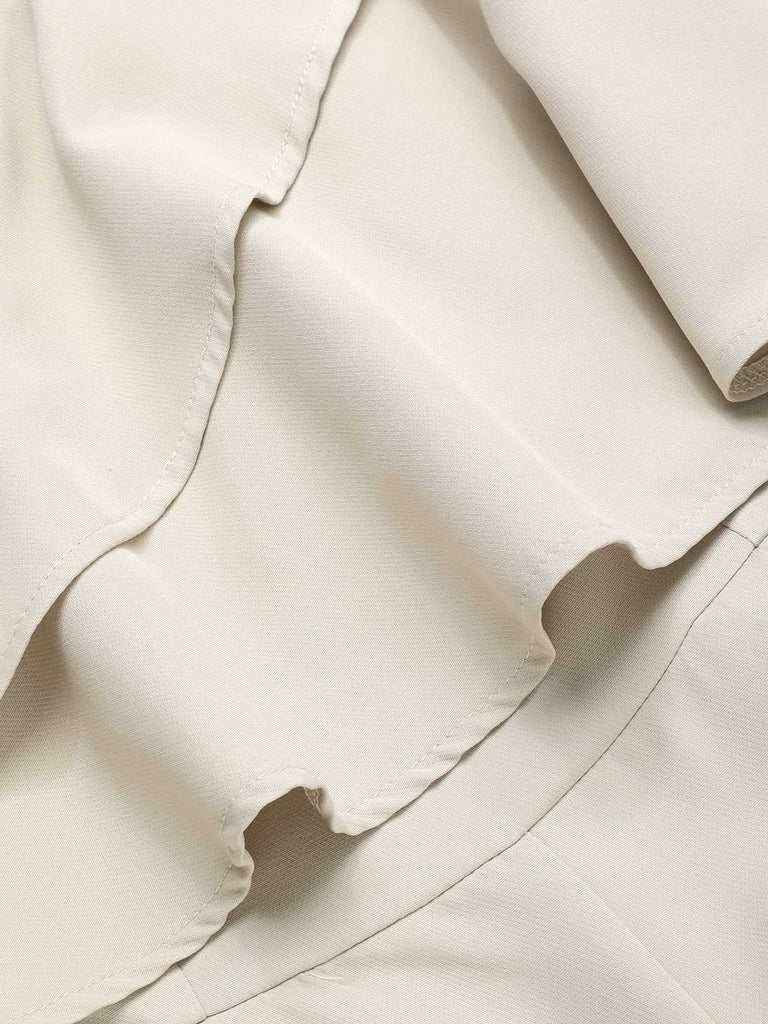 This Beige 1970s One-Shoulder Tiered Ruffles Jumpsuit whispers 1970s secrets to those who notice