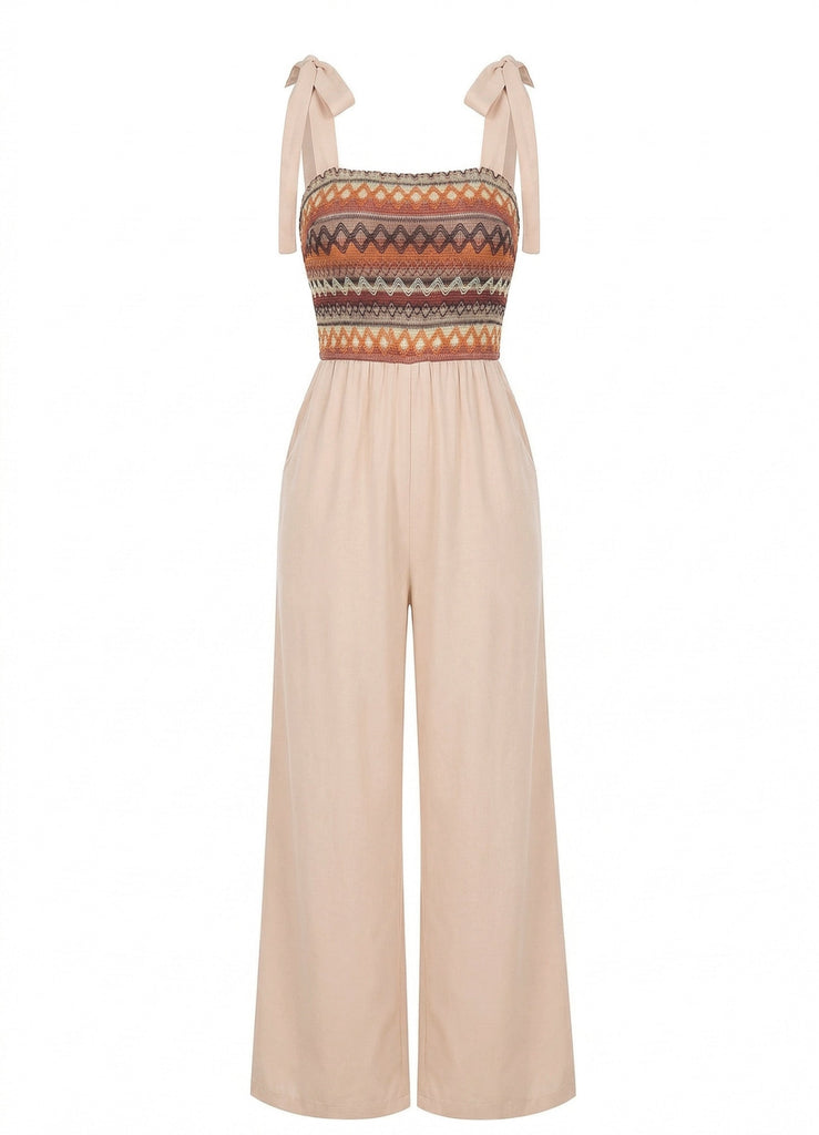 Beige 1970s Tie Spaghetti Strap Patchwork Jumpsuit - vintage jumpsuit, retro fashion