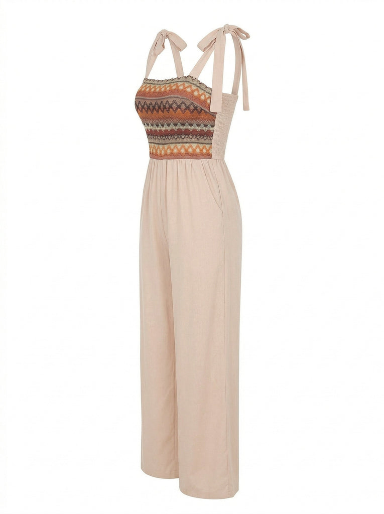 Beige 1970s Tie Spaghetti Strap Patchwork Jumpsuit - vintage jumpsuit, retro fashion