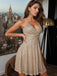 Beige 1980s Sequined Deep V-Neck Skater Dress: where 1980s romance meets her modern spirit