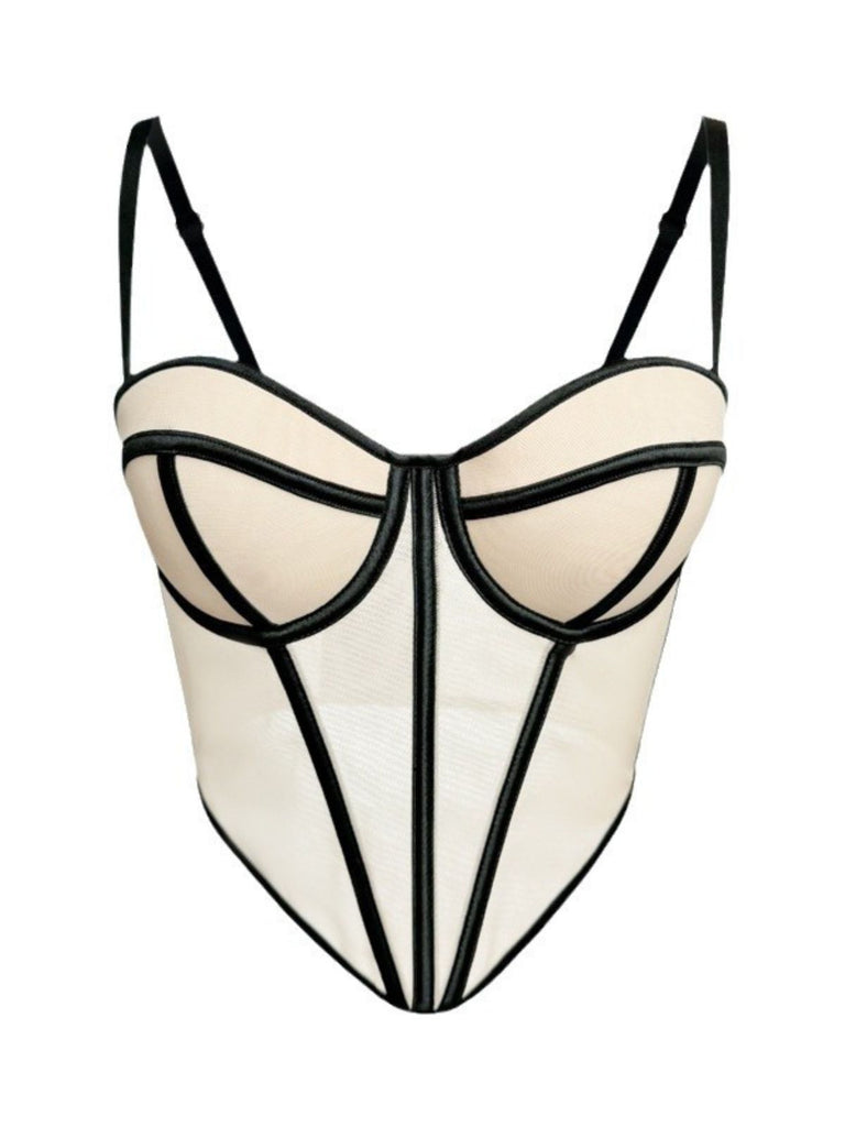Beige 1980s Sheer Steampunk Herringbone Corset - vintage fashion, retro style