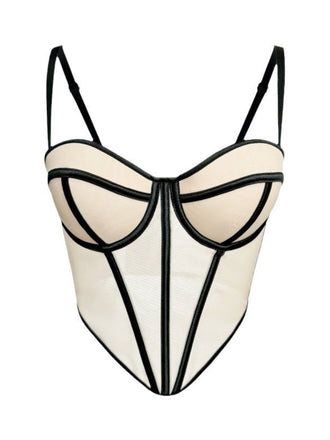 Beige 1980s Sheer Steampunk Herringbone Corset - vintage fashion, retro style