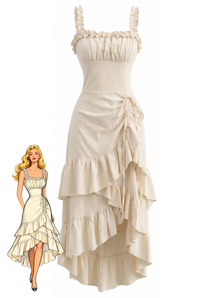 Beige 1980s Solid Ruffled Hem Suspender Dress, vintage dress, retro fashion - perfect for women who love vintage and retro fashion