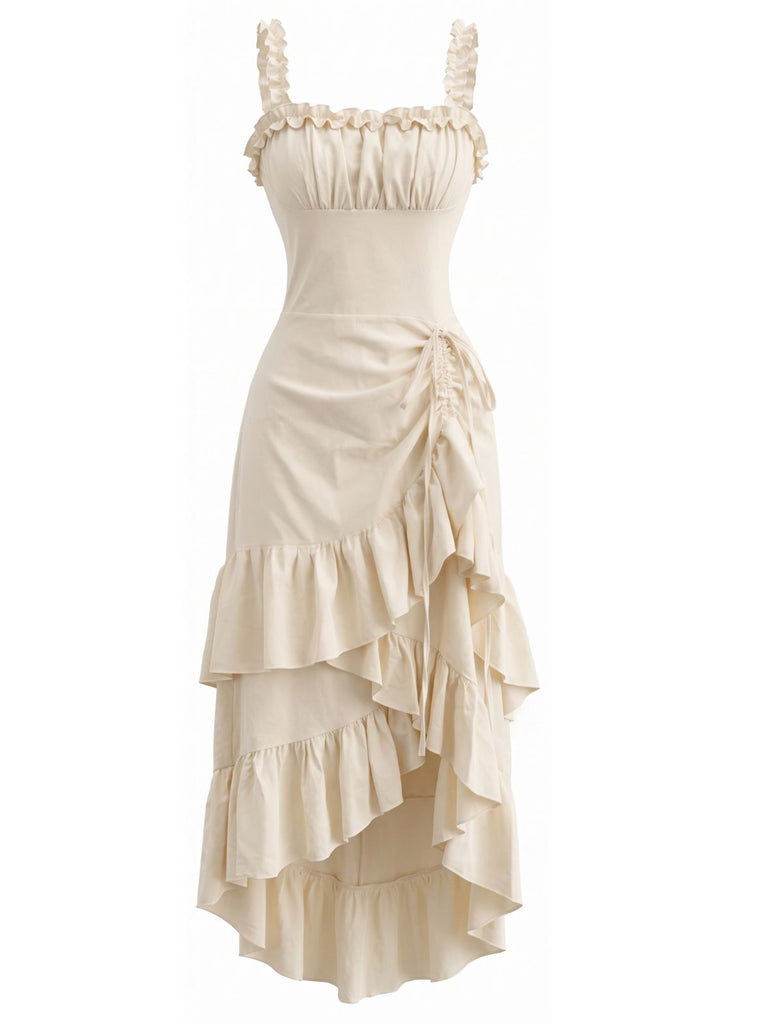 Beige 1980s Solid Ruffled Hem Suspender Dress, vintage dress, retro fashion - perfect for women who love vintage and retro fashion