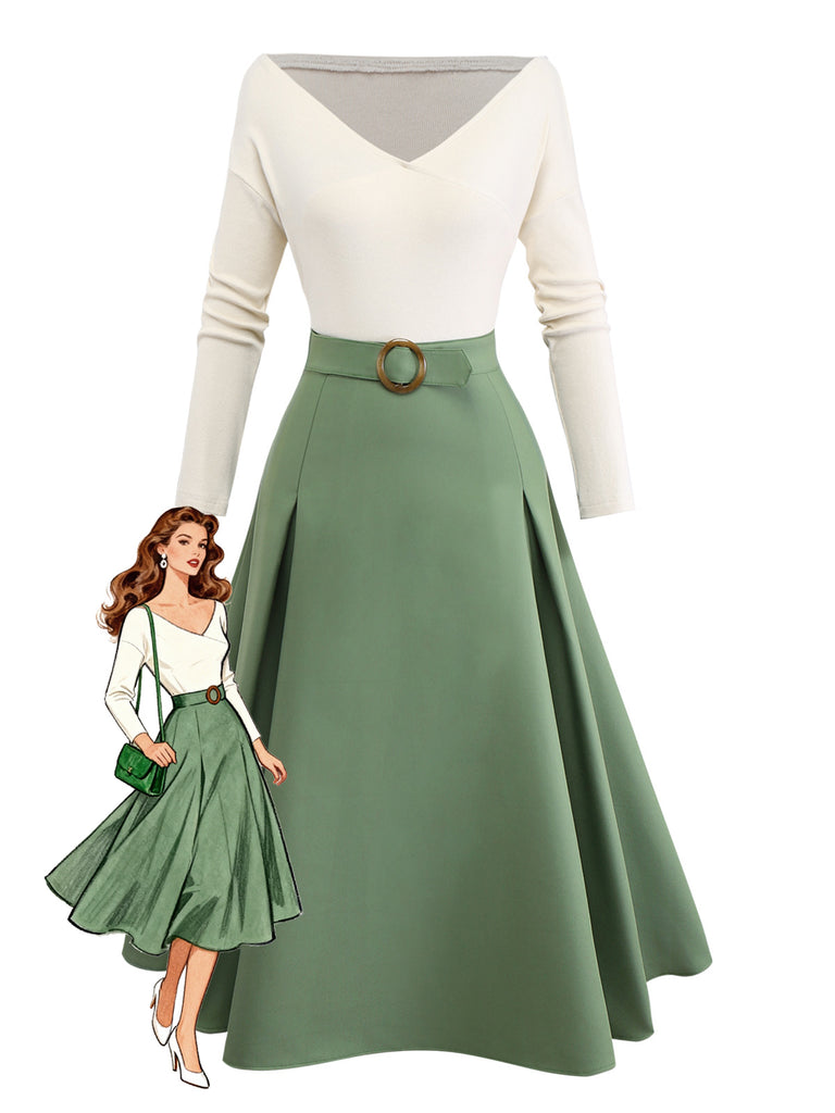 Beige & Green 1950s Knit Off-Shoulder Pleated Dress - vintage dress, retro fashion, rockabilly